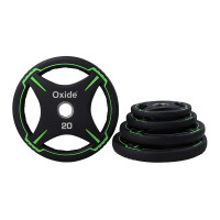 Диск олимпийский, полиуретановый, с 4-мя хватами 25кг Oxide Fitness OWP01 черный с ярко зелеными полосами