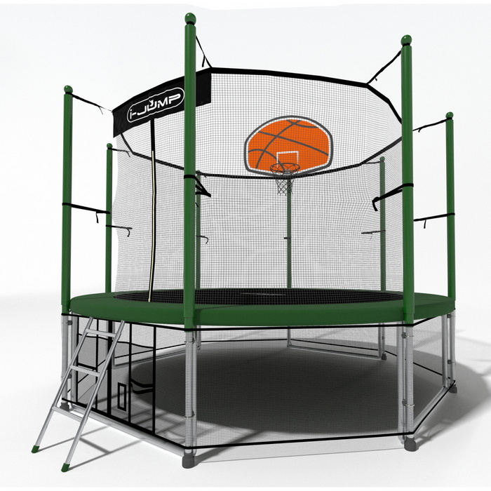 Батут i-Jump Classic Basket 12FT 366 см с нижней сетью и лестницей зеленый 700_700
