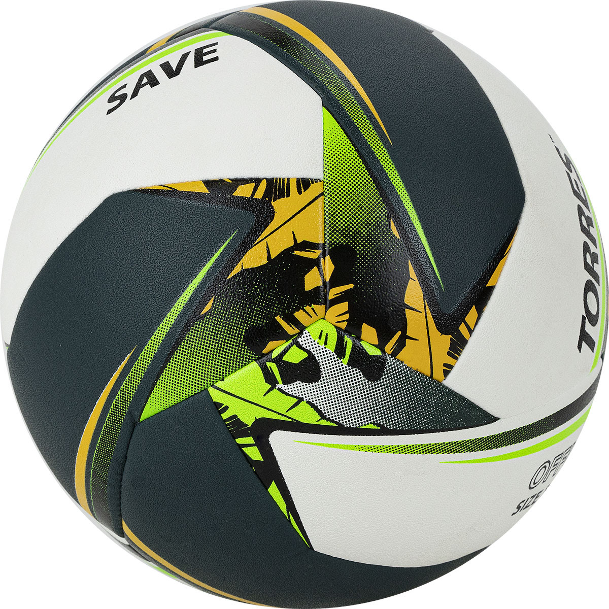 Мяч волейбольный Torres Save V321505 р.5, синт.кожа (ПУ), гибрид, бут.кам, бело-зелено-желный 1200_1200