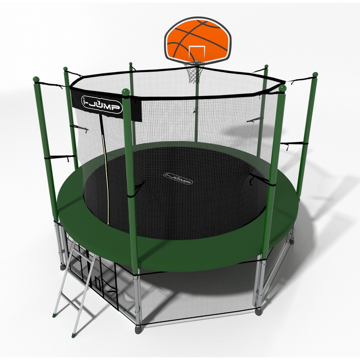 Батут i-Jump Classic Basket 12FT 366 см с нижней сетью и лестницей зеленый 700_700